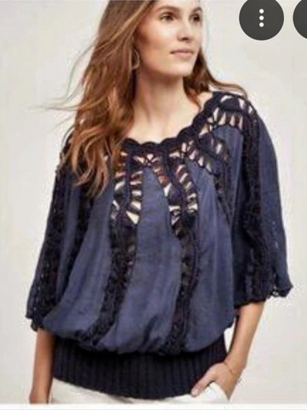 Tiny By Anthropologie Crochet Knit Top Women's Navy Blue Blouse Size S